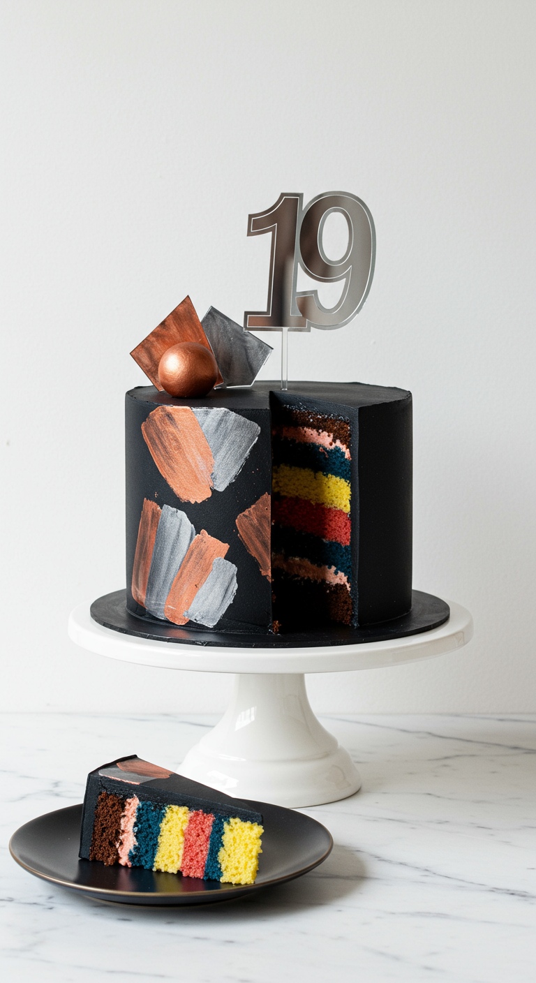 Schwarze Torte mit Metallic-Pinselstrichen und buntem Inneren, angeschnitten.