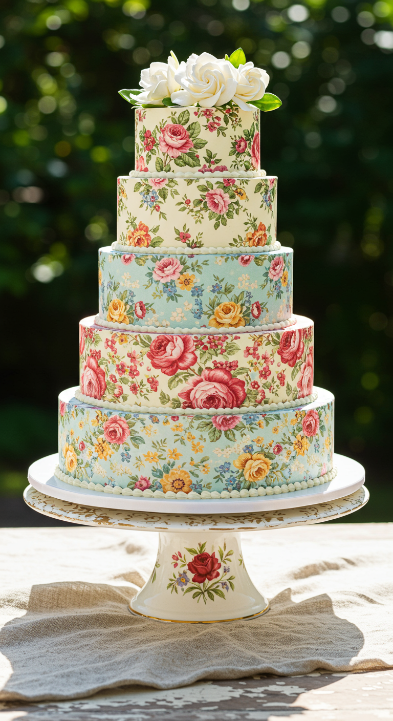 Hohe mehrstöckige Torte mit floralem Wafer Paper Print.