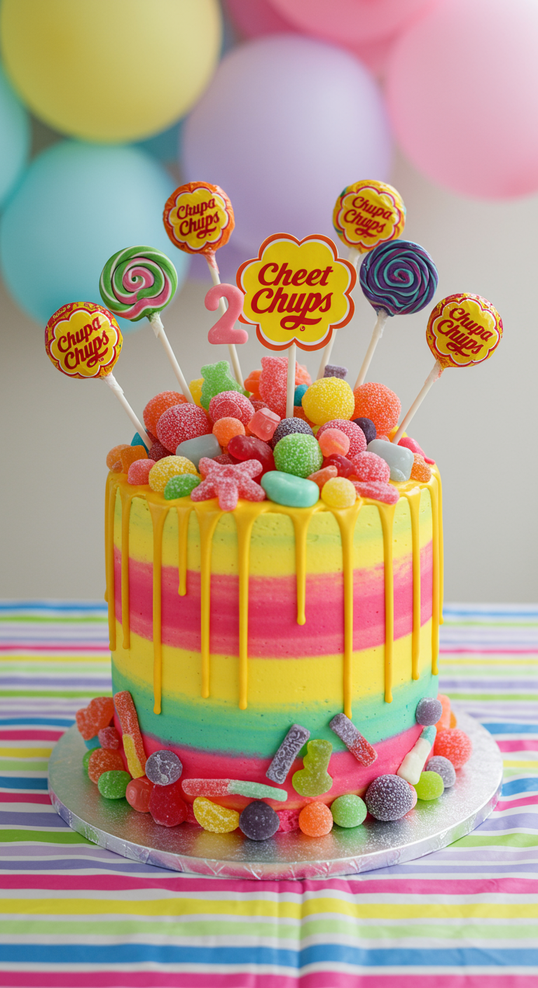 Bunte Y2K-Streifentorte mit gelbem Drip, überladen mit Süßigkeiten und Chupa Chups.
