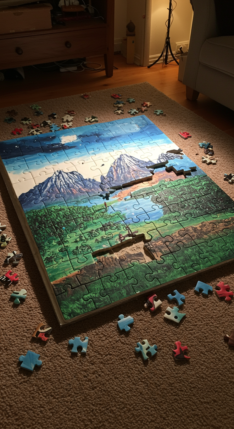 Fast fertige Puzzle-Torte mit Landschaftsmotiv und einzelnen Puzzleteilen.