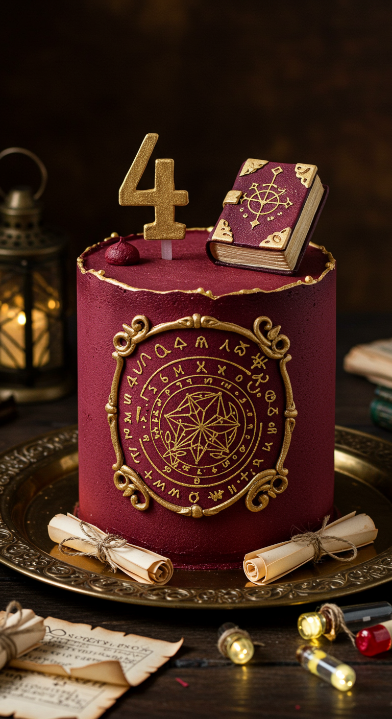 Bordeauxrote Torte mit goldenen Ornamenten und einem Zauberbuch-Topper.