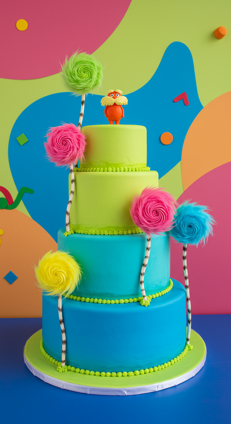 Dreistöckige, bunte Torte mit Lorax-Figur und Truffula-Bäumen.