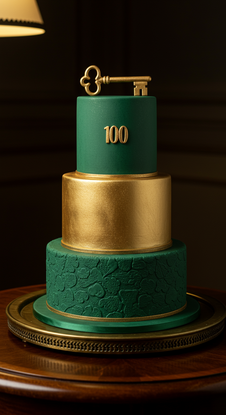 Grün-goldene dreistöckige Torte mit geprägtem Muster und goldenem Schlüssel-Topper.
