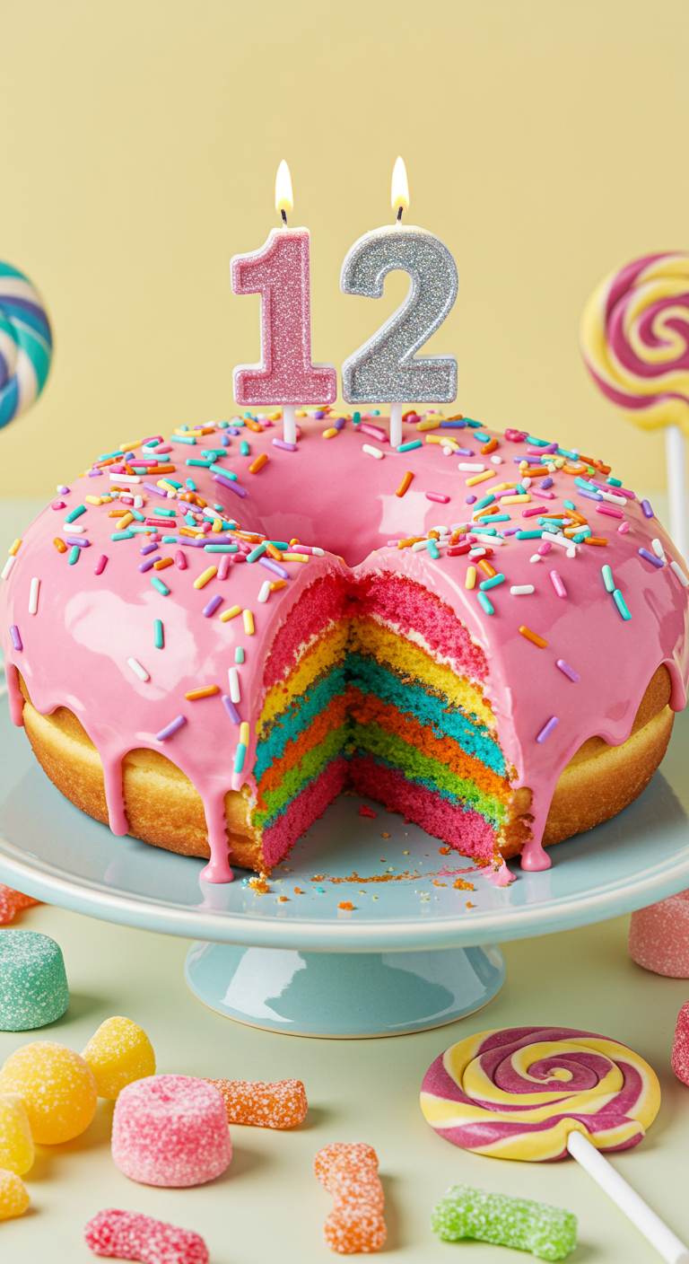 Große Donut-Torte mit pinker Glasur, bunten Streuseln und Regenbogen-Kuchenschichten im Anschnitt.