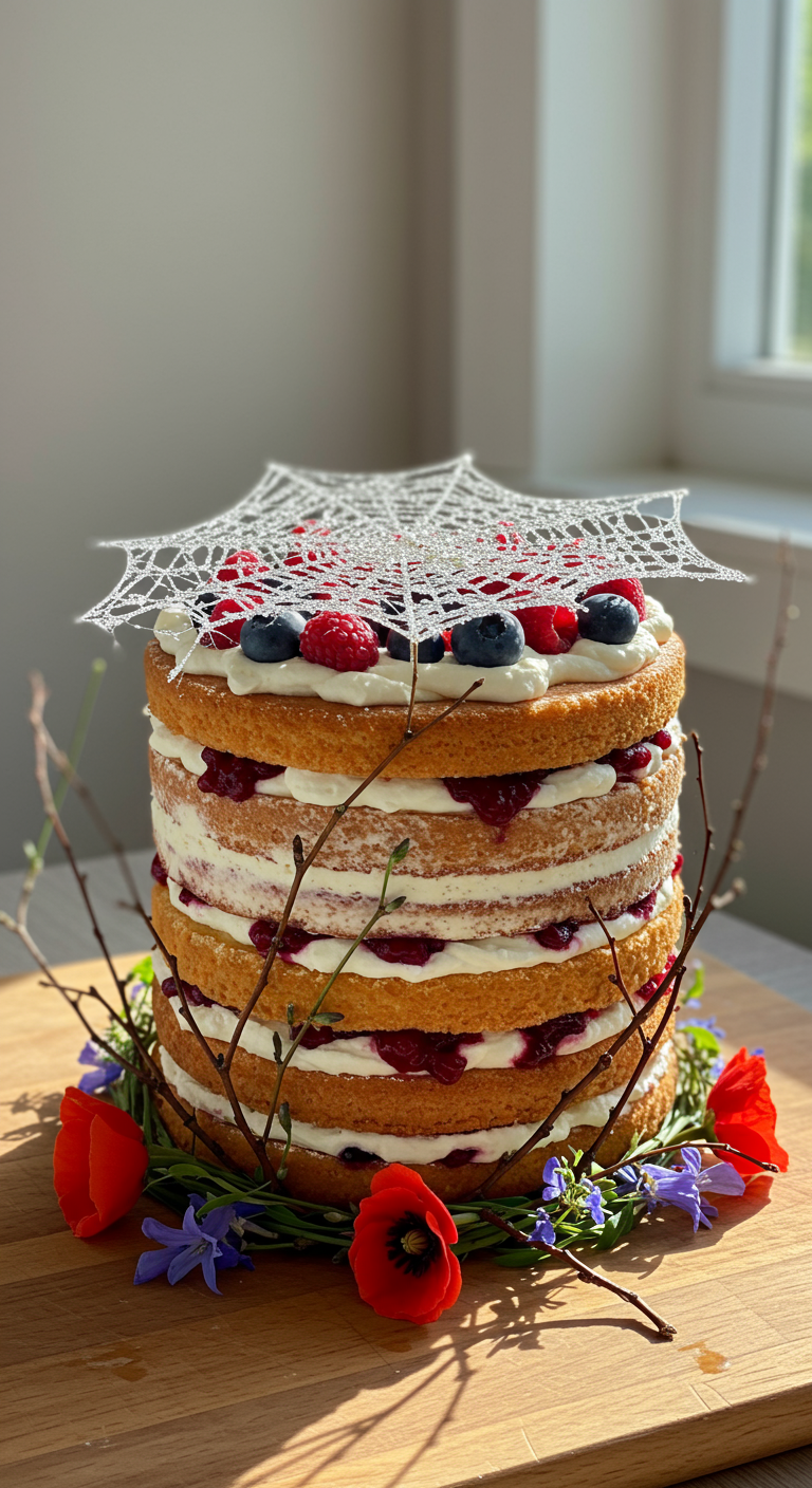 Mehrschichtiger Naked Cake mit Beeren, Sahne und Spinnennetz-Topper.