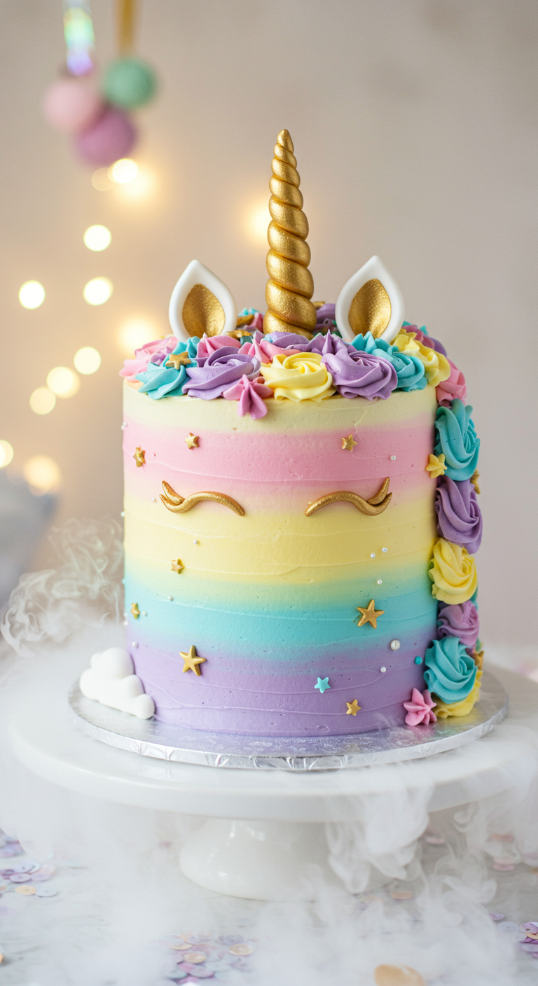Einhorn-Torte mit Regenbogen-Buttercreme, goldenem Horn und bunten Rosetten.