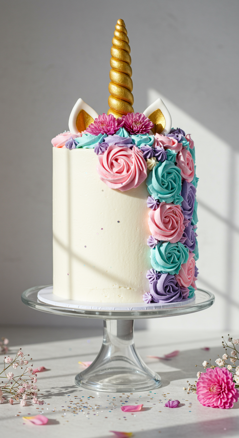 Weiße Einhorn-Torte mit goldenem Horn und bunter Buttercreme-Mähne