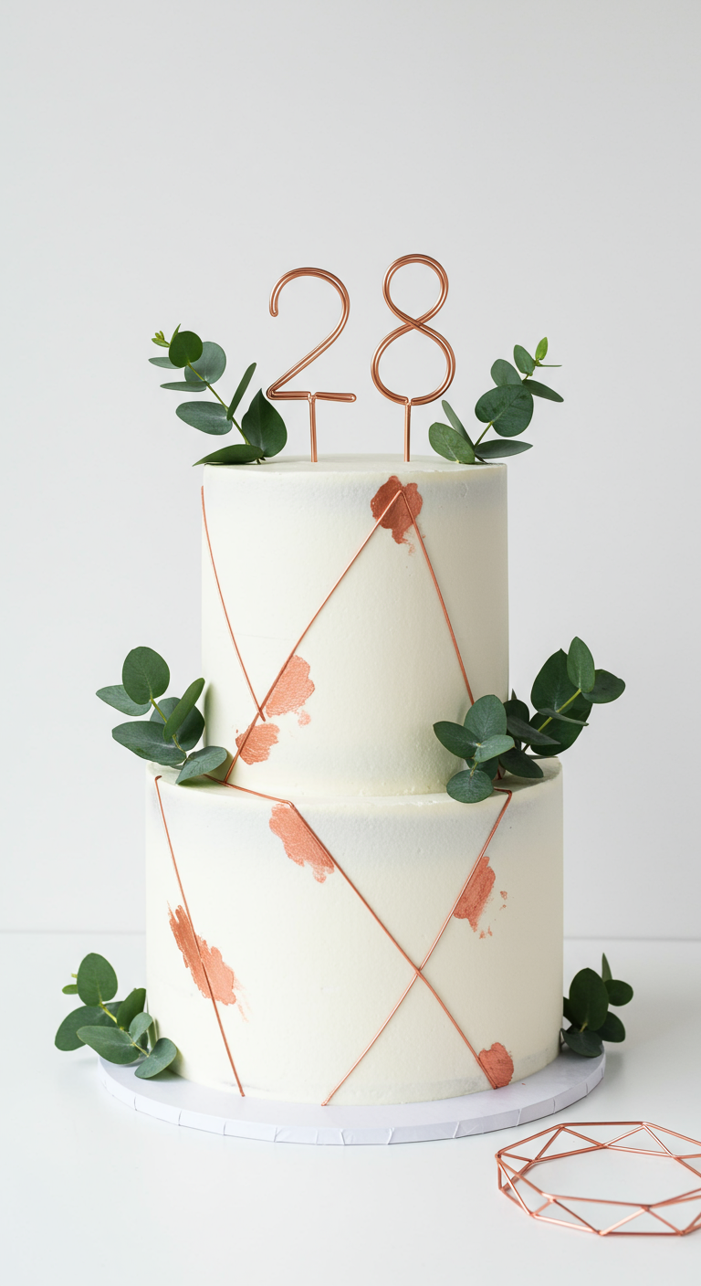 Zweistöckige weiße Torte mit Kupferlinien, Kupfer-Pinselstrichen und Eukalyptuszweigen.