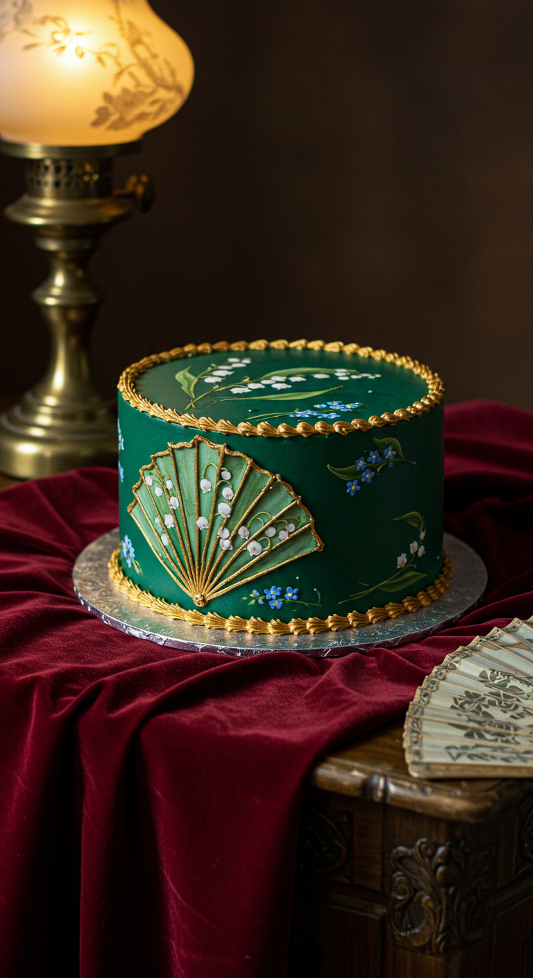 Dunkelgrüne Torte mit aufgemaltem Maiglöckchen-Fächer und goldenen Details.