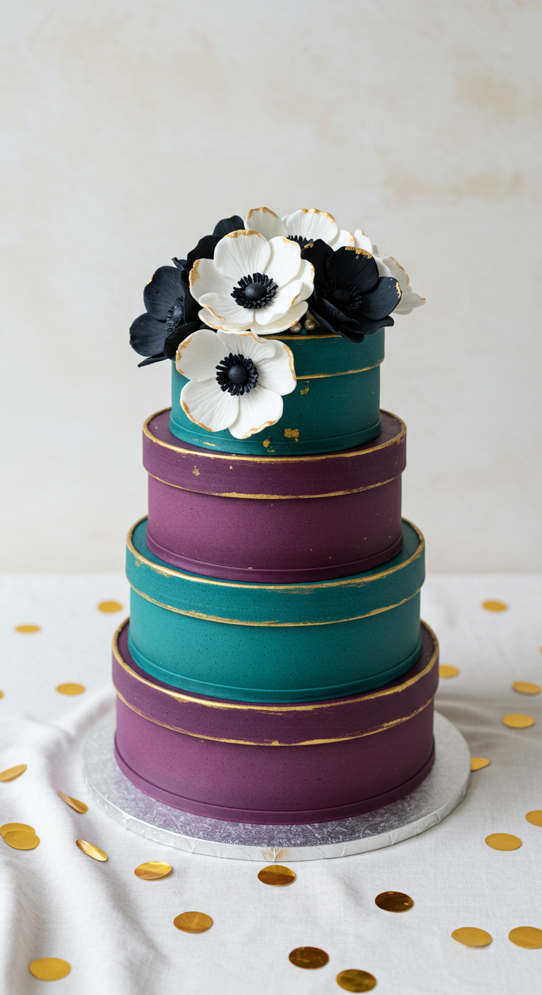Mehrstöckige Torte in Petrol und Lila, gestapelt wie Hutschachteln, mit Anemonen.