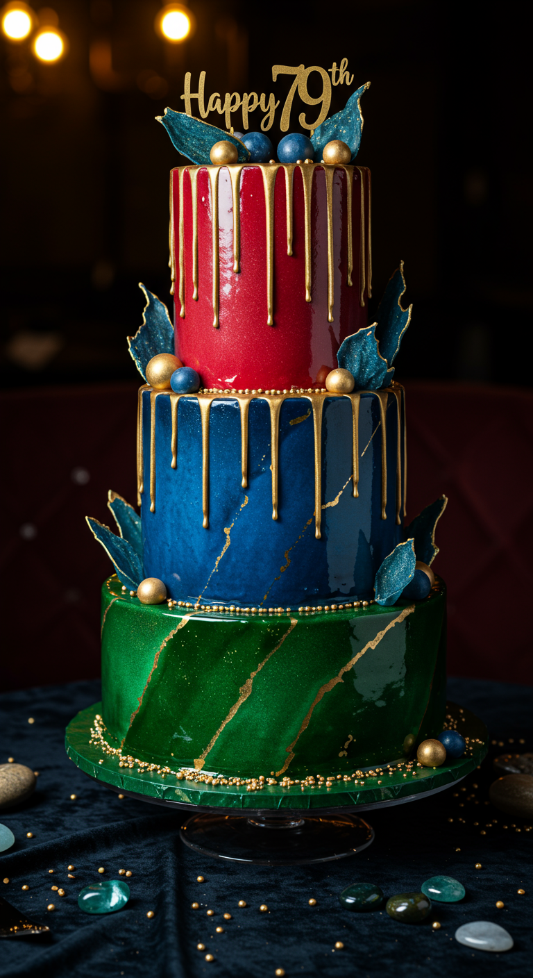 Dreistöckige Torte mit glänzender Glasur in Rot, Blau, Grün und goldenen Drips.