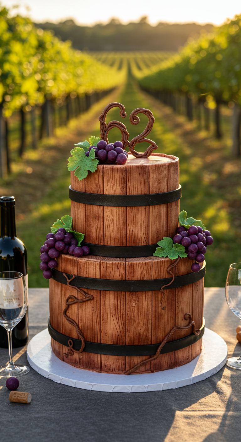 Zweistöckige Torte in Form eines Weinfasses mit Trauben und Weinblättern.