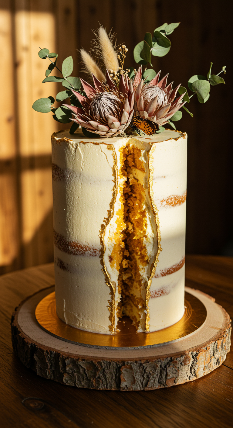 Hohe „Fault Line“ Torte mit goldenem Streusel-„Riss“ und Trockenblumen-Deko.
