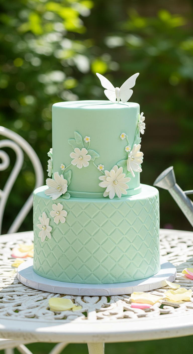 Zweistöckige mintgrüne Torte, unten mit Rautenmuster, oben mit weißen Zuckerblüten und Schmetterling.