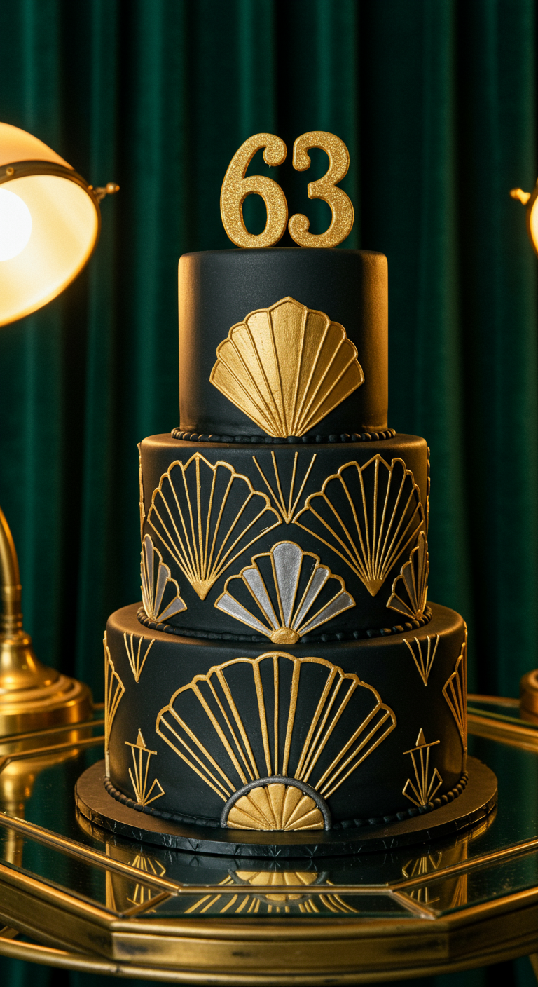 Dreistöckige schwarze Art-Déco-Torte mit goldenen Fächermustern und glitzernder 63.
