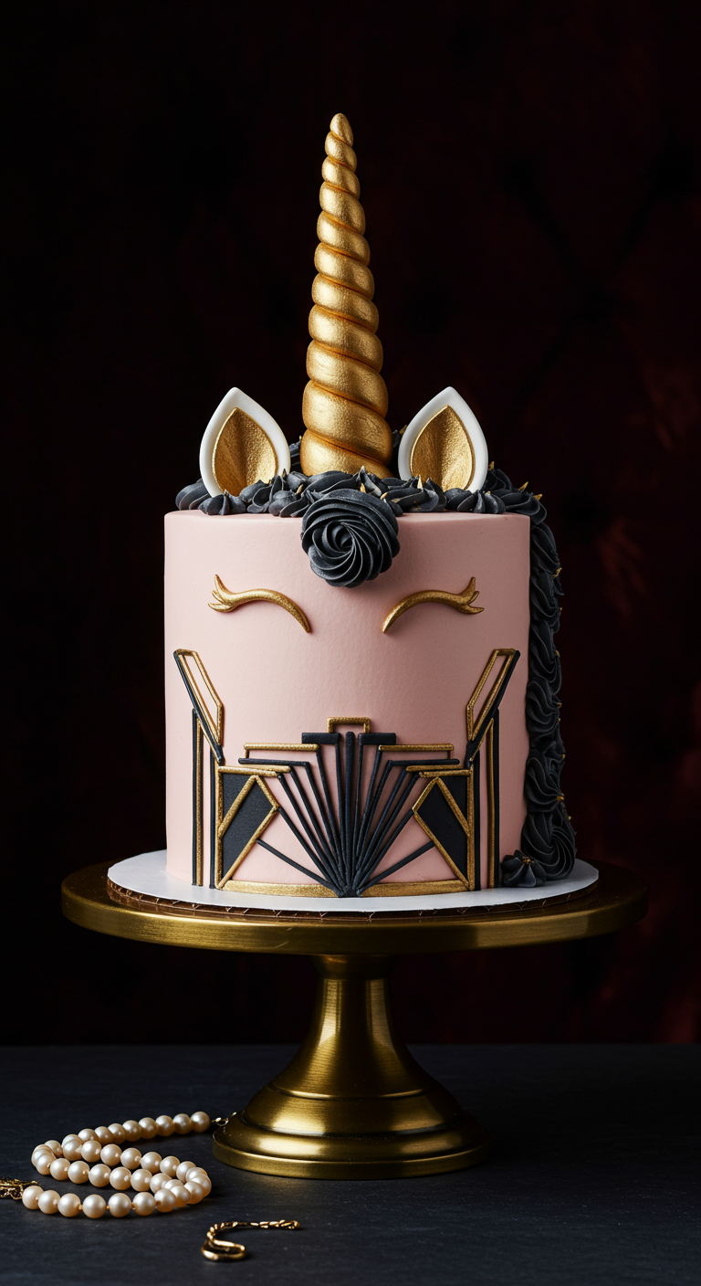 Rosa Einhorntorte im Art-Deco-Stil mit schwarzen und goldenen geometrischen Mustern.