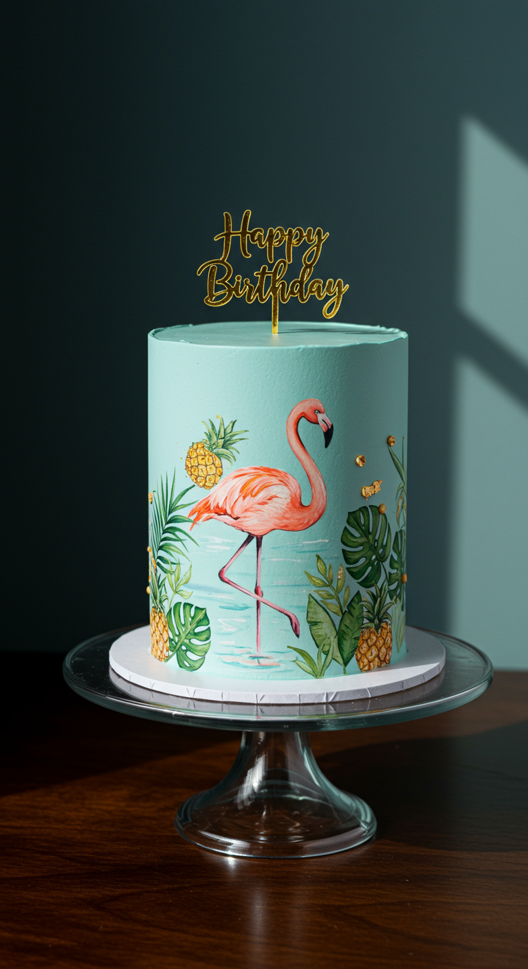 Türkise Torte mit handgemaltem Flamingo, Ananas und tropischen Blättern.