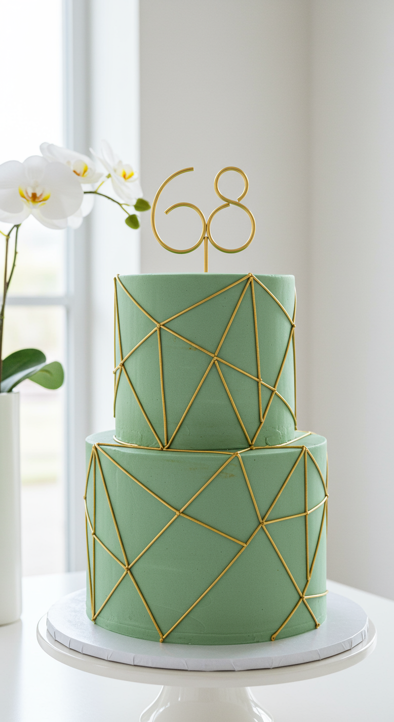 Zweistöckige mintgrüne Torte mit goldenen geometrischen Linien und