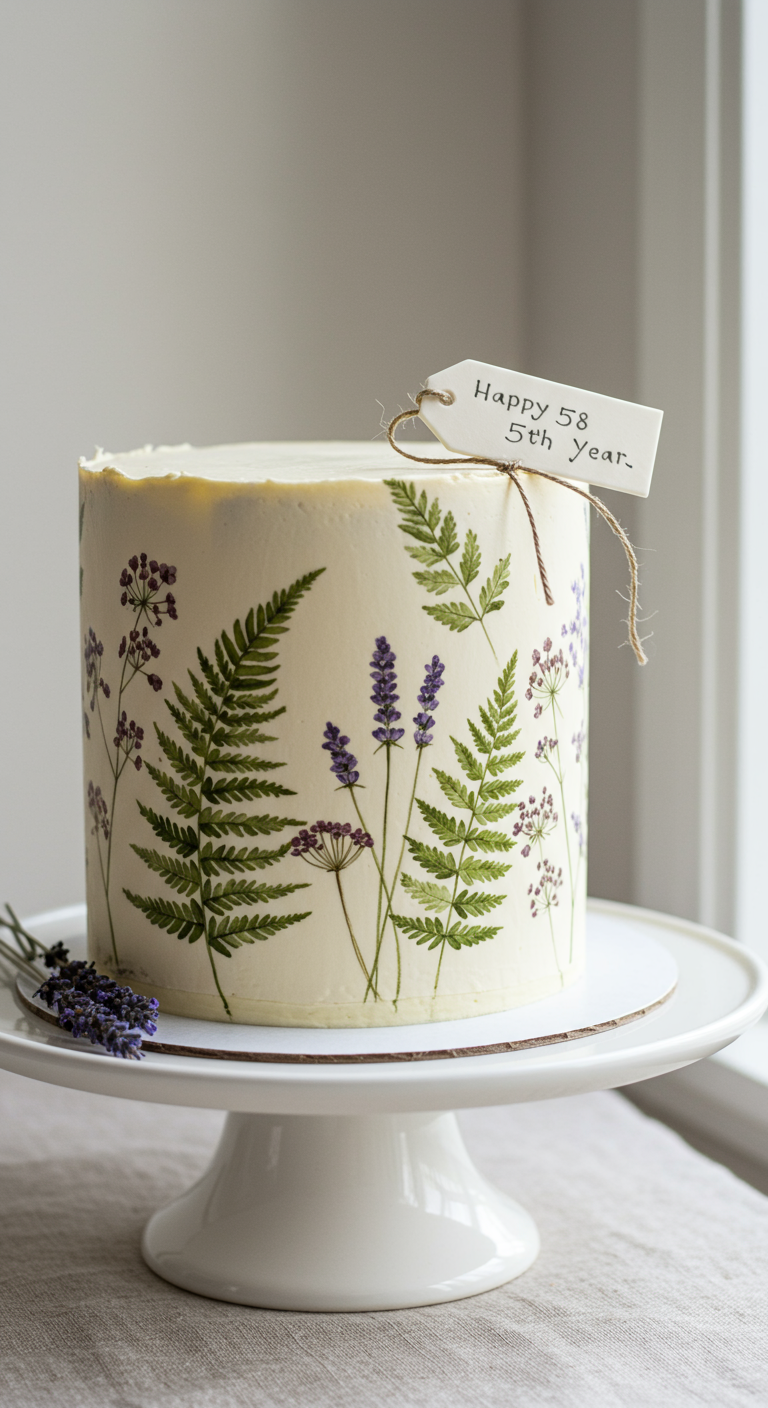 Weiße Torte, dekoriert mit echten gepressten Farnblättern und lila Blüten.