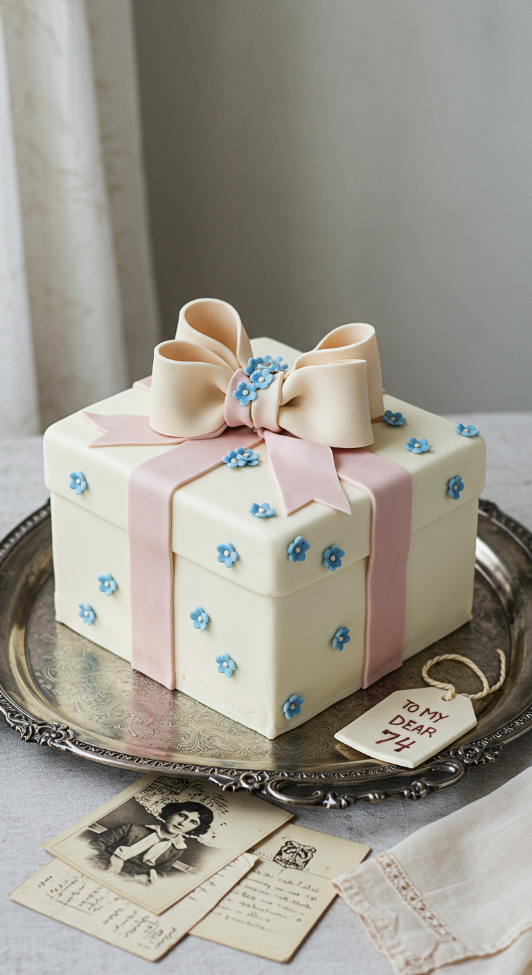 Quadratische Torte in Form einer Geschenkbox mit rosa Schleife und kleinen blauen Blümchen.