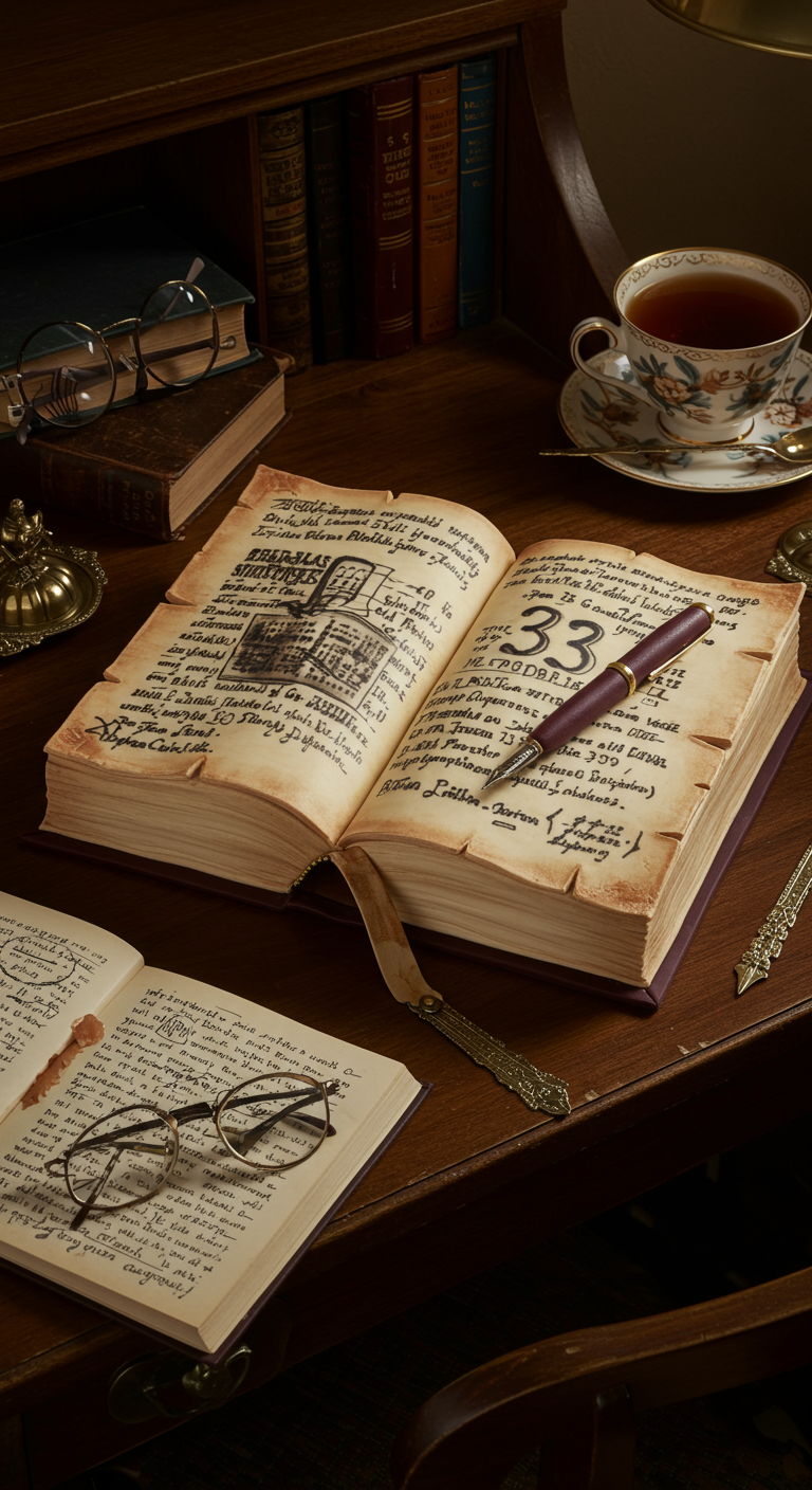 Aufgeschlagene Buch-Torte mit antiker Schrift, Federkiel, Brille und Zahl 33.
