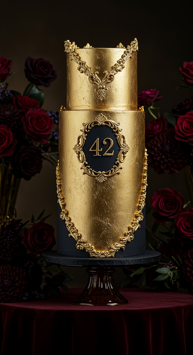 Elegante zweistöckige schwarz-goldene Torte mit barocken Ornamenten und Zahl 42.