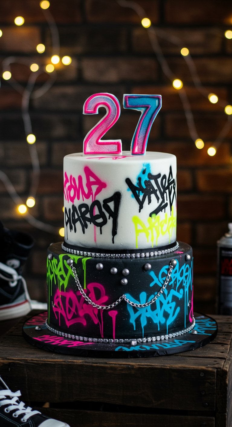 Zweistöckige Graffiti-Torte mit bunten Schriftzügen und 27-Topper.