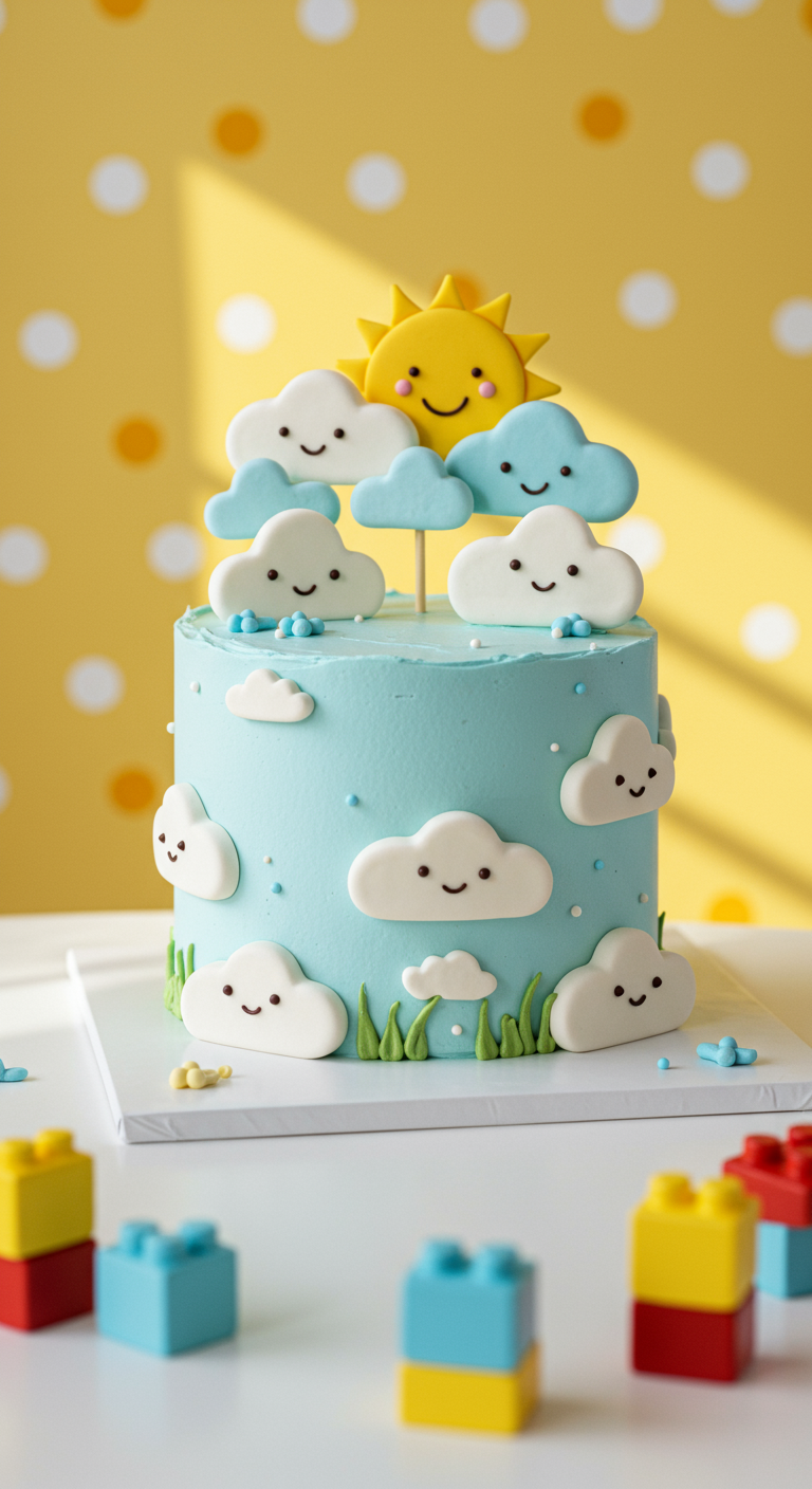 Hellblaue Torte mit lächelnden Fondant-Wolken und einer Sonne.