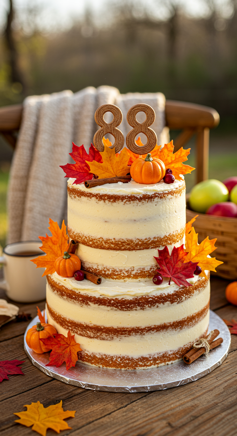 Zweistöckiger Naked Cake mit Herbstblättern, Kürbissen und Zimtstangen.