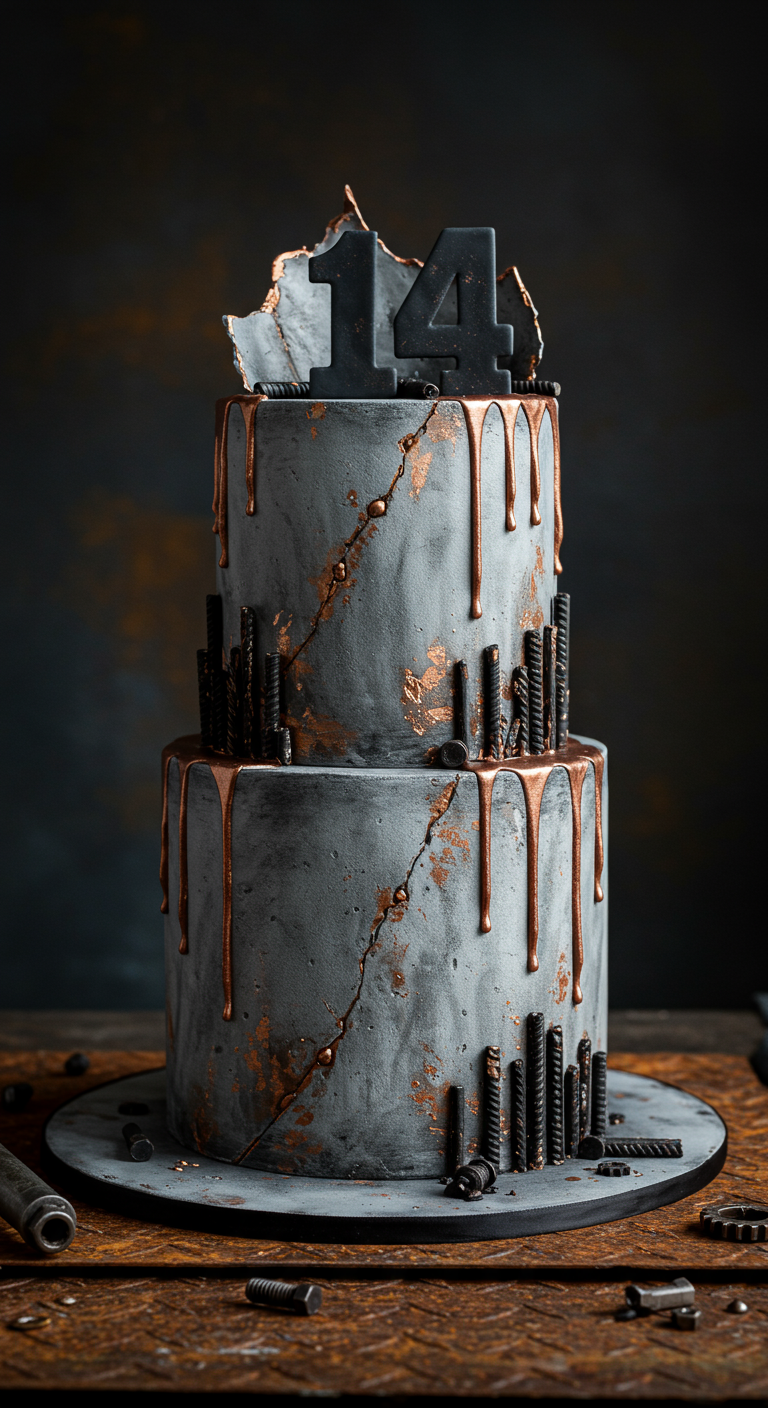 Zweistöckige graue Torte im Industrie-Look mit Kupfer-Drips.