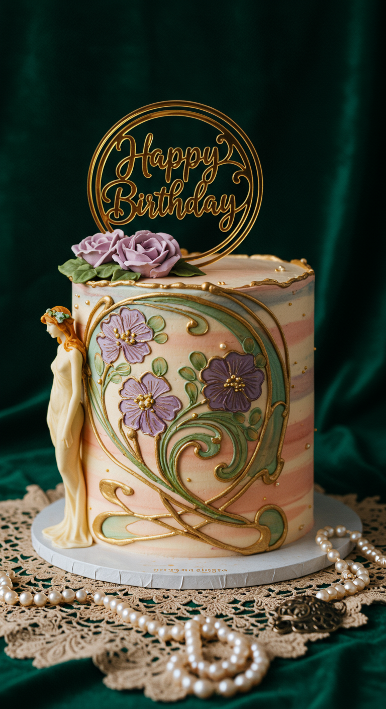 Pastellfarbene Torte mit Jugendstil-Ornamenten, lila Blumen und einer Frauenfigur, Goldakzente.