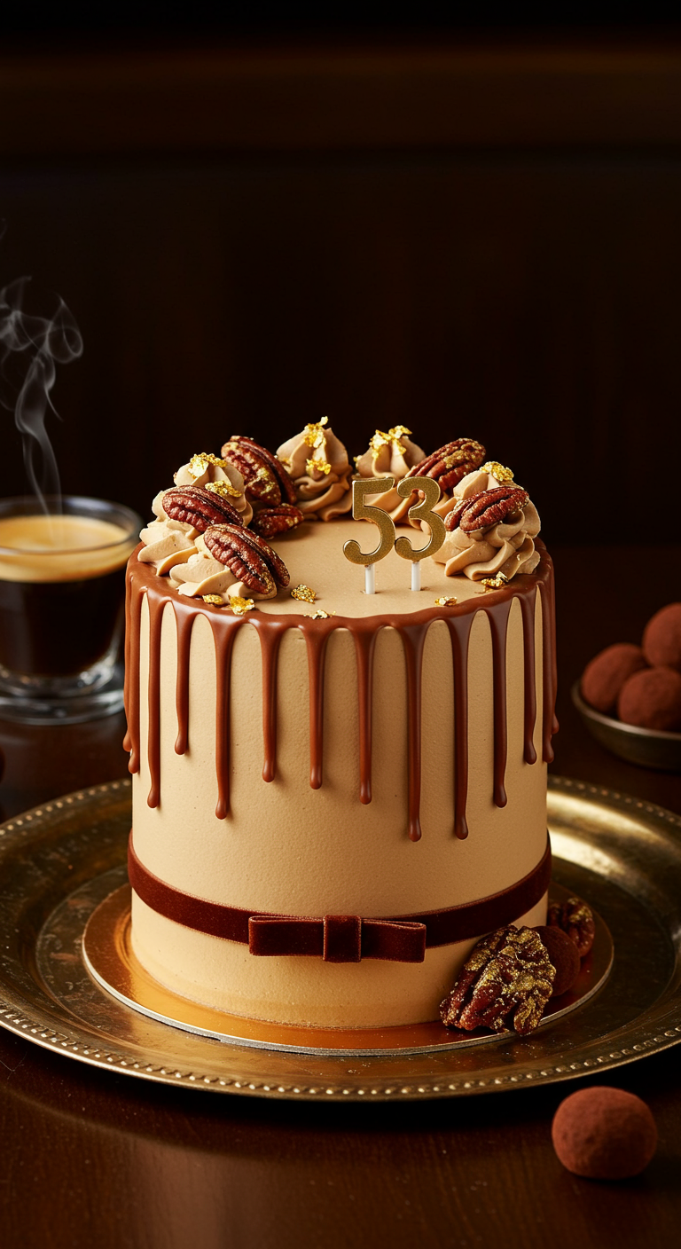 Karamellfarbene Torte mit Schokodrip, Pekannüssen, Buttercreme-Tupfen und goldener Zahl 53