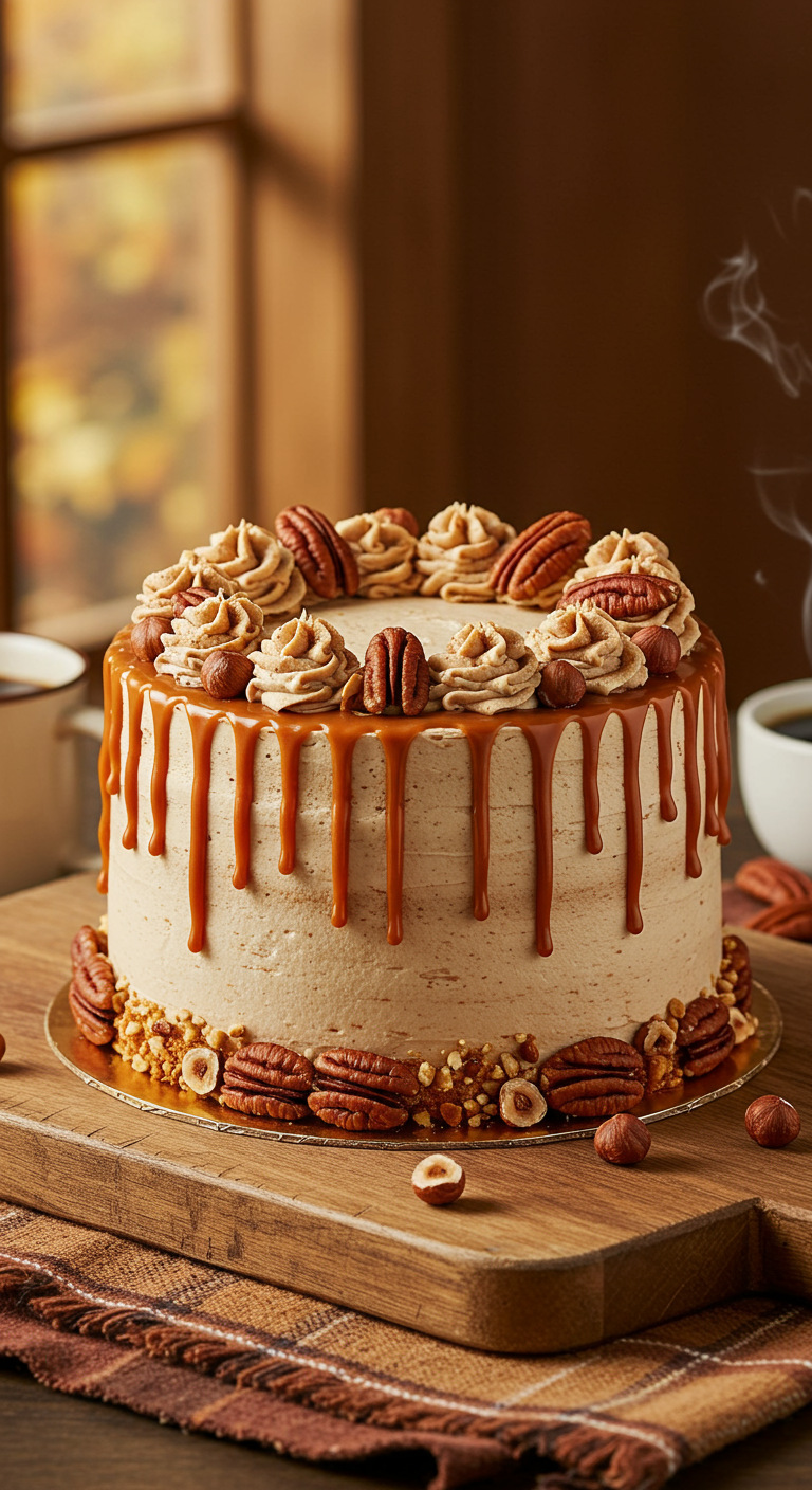 Karamell-Torte mit Nuss-Dekor und Karamell-Drip.
