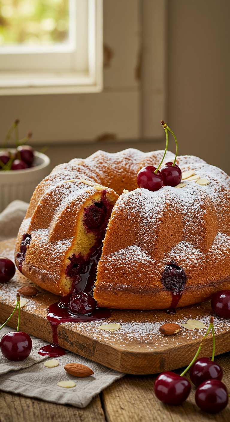 Angeschnittener Gugelhupf mit Kirschfüllung, Puderzucker und frischen Kirschen.