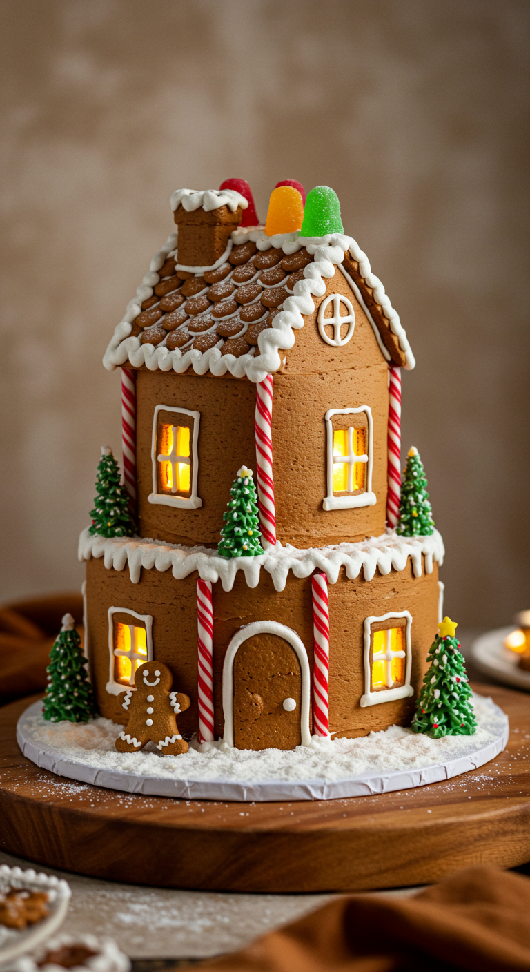 Zweistöckige Lebkuchenhaus-Torte mit Zuckerguss und Süßigkeiten
