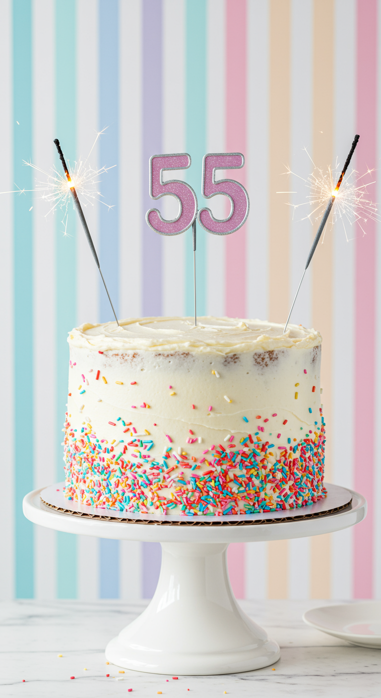 Weiße Torte mit bunten Streuseln, Glitzer-Zahl 55 und Wunderkerzen.