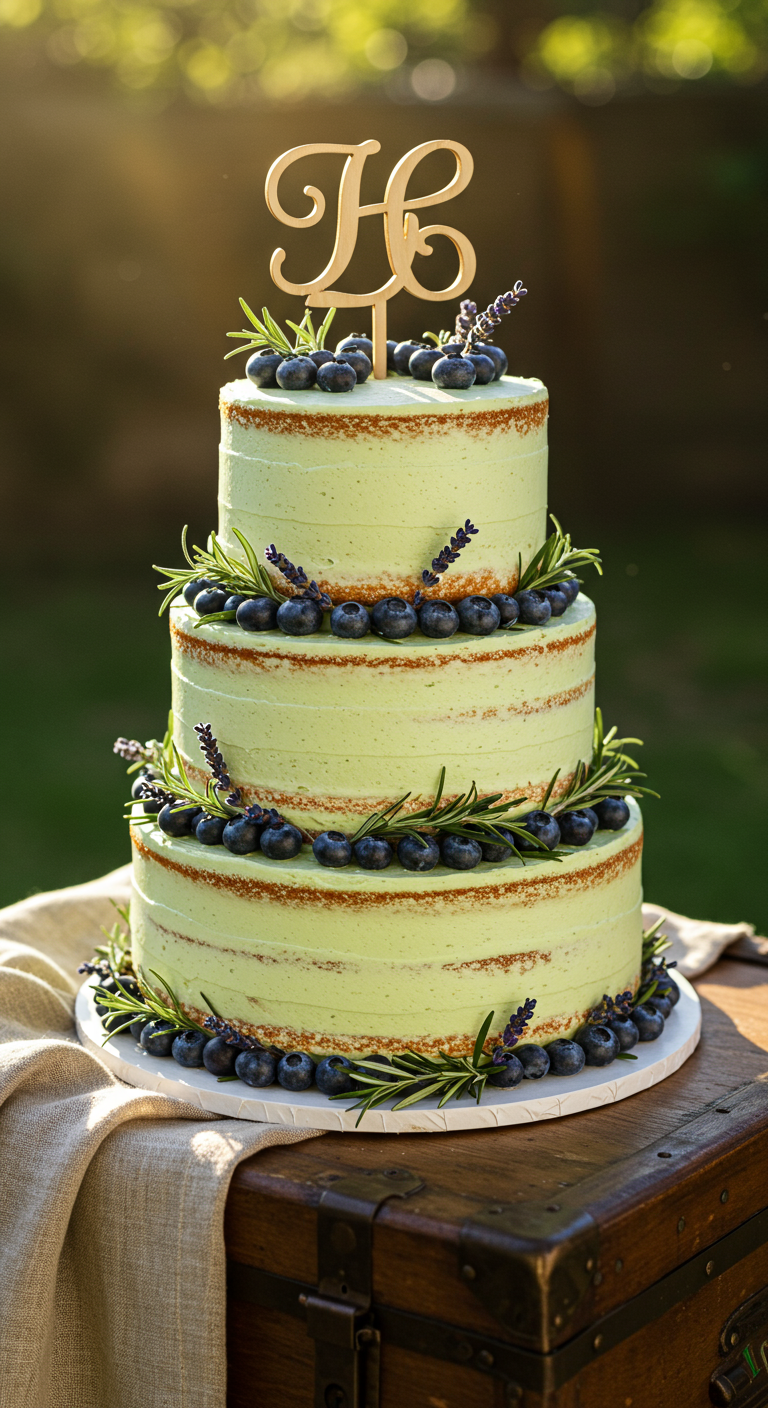 Dreistöckige hellgrüne Torte mit Blaubeeren, Rosmarin und Lavendel.