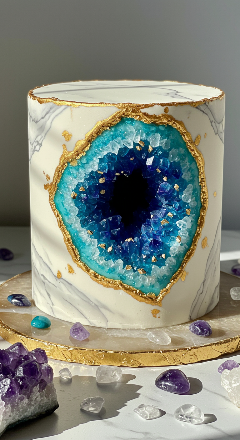 Weiße Marmor-Torte mit einer blau-türkisen Kristall-Geode und goldenem Rand.