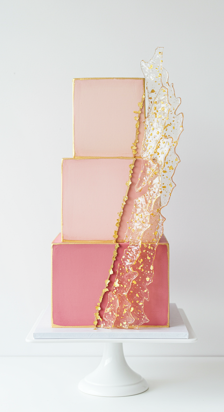 Dreistöckige, quadratische rosa Ombré-Torte mit transparentem Zuckerkristall-Element und Goldakzenten.