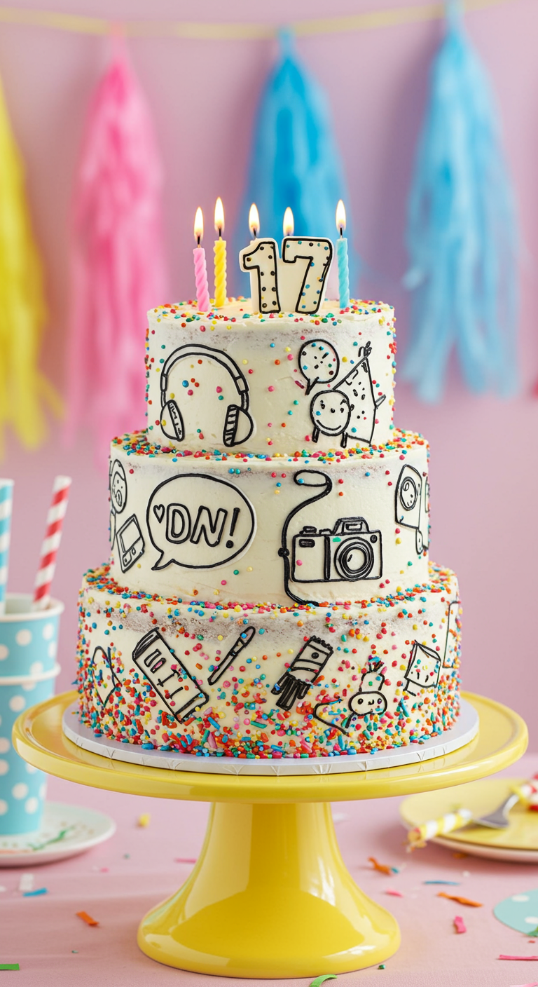 Dreistöckige weiße Torte mit schwarzen Doodles und bunten Streuseln.