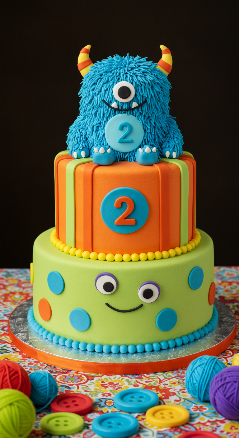 Zweistöckige Monster-Torte in Orange, Grün und Blau mit zotteligem Monster-Topper.