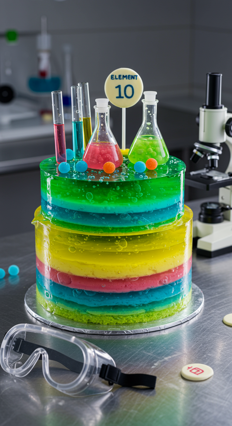 Zweistöckige Torte mit bunten Götterspeise-Schichten und Reagenzglas-Deko.