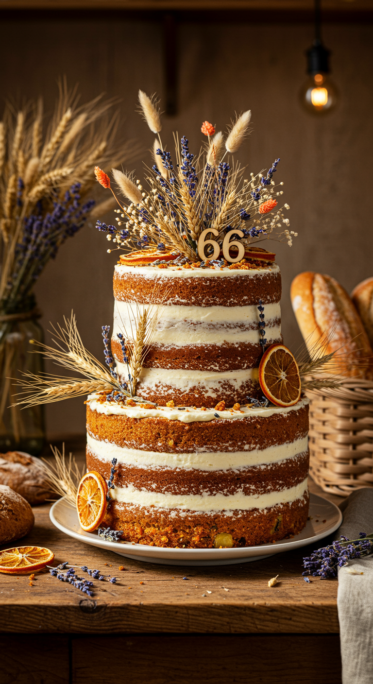 Rustikale Naked Cake mit Trockenblumen, Orangen,