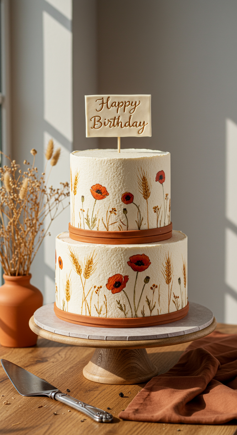 Zweistöckige Torte mit handgemalten Mohnblumen und Ähren,