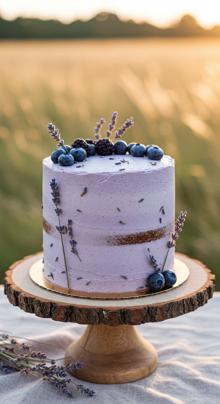 Semi-Naked Cake mit lila Creme, Blaubeeren und Lavendelzweigen.