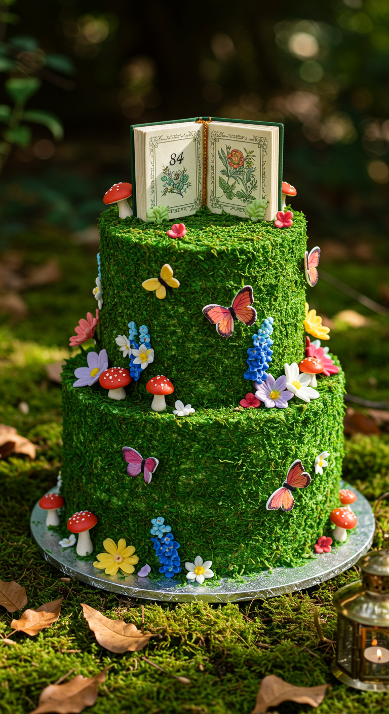 Zweistöckige moosgrüne Torte dekoriert mit Zuckerblumen, Pilzen, Schmetterlingen und Buch-Topper.