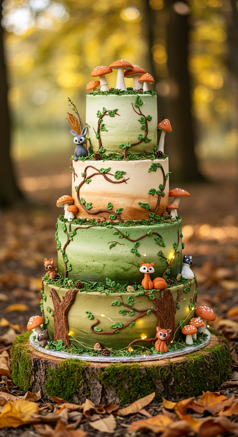 Mehrstöckige Waldtorte mit Pilzen, Tieren und Lichterketten.