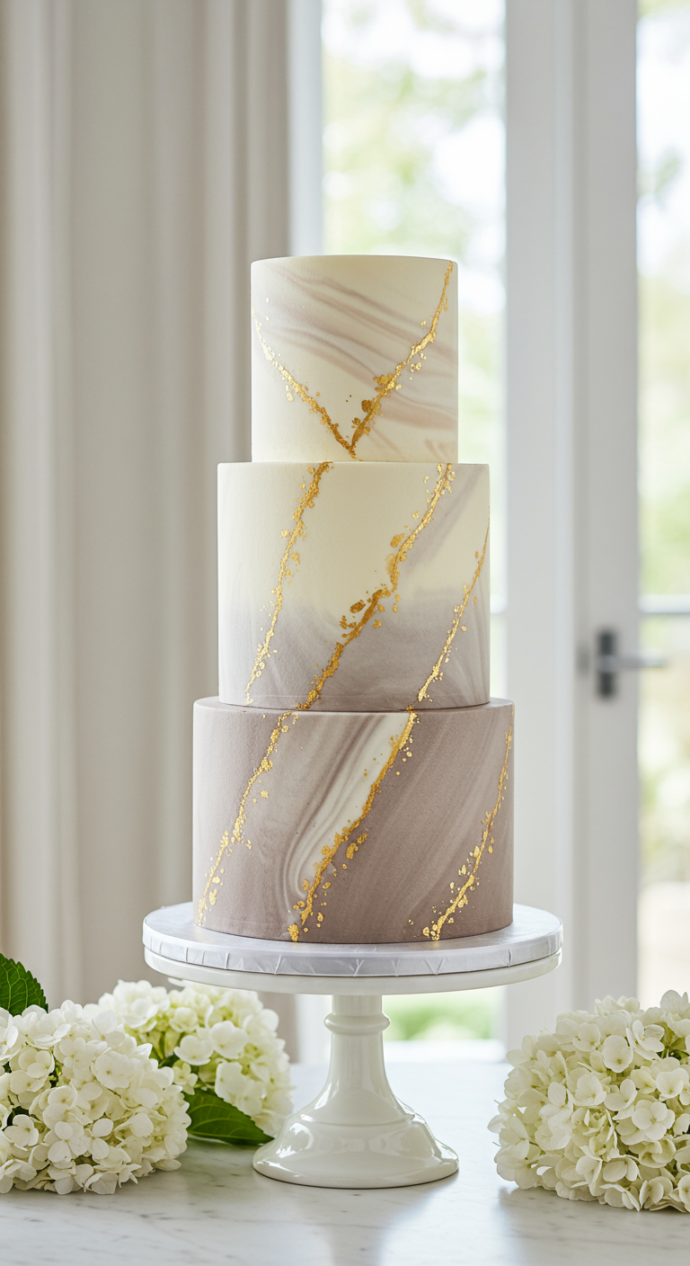 Dreistöckige Torte in sanften Marmortönen mit feinen goldenen Adern.