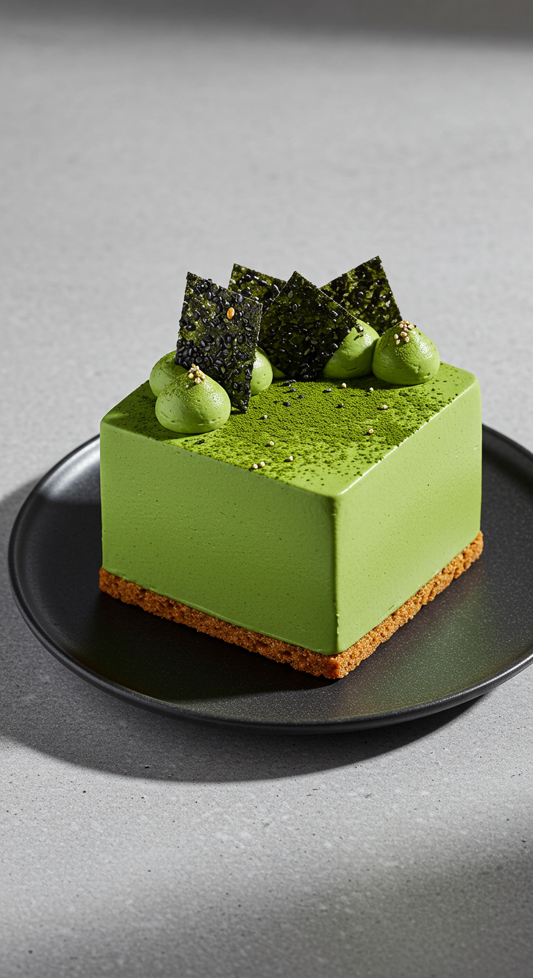 Quadratische, grüne Matcha-Mousse-Torte mit Noriblatt-Deko.