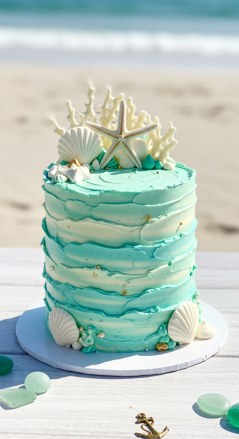 Türkis-weiße Torte mit Buttercreme-Wellen, Muscheln und Seesternen aus Zucker.